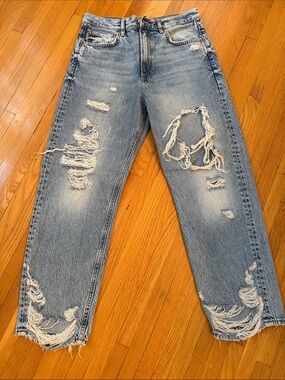 Zara Light Blue Distressed Relaxed Jeans